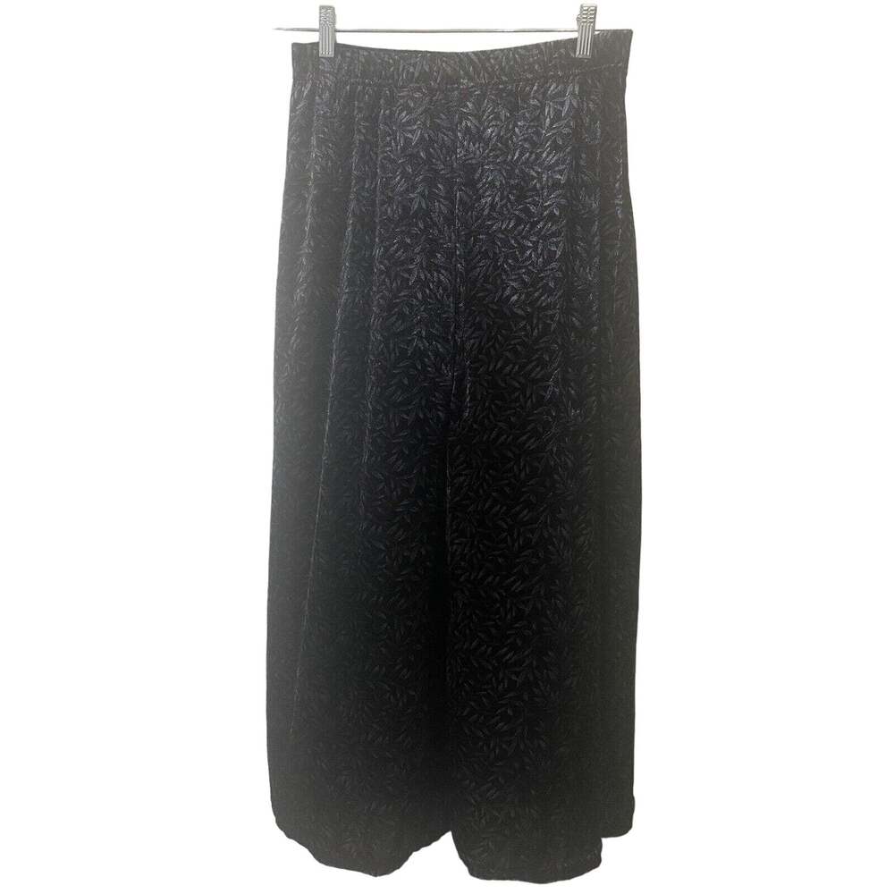 KATHIE LEE Velvet Maxi Skirt Black Velour Leaves Elastic Waist Size Large
